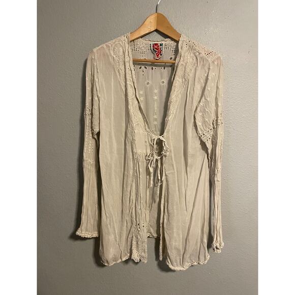 Johnny Was Womens Kimono Medium Gray Rayon Floral Eyelet Embroidered Tie Front